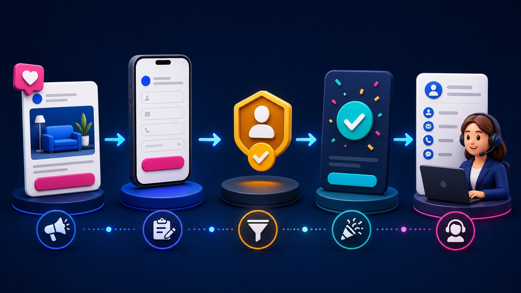 A five-stage paid social lead journey from ad to mobile form, qualification, confirmation, and human follow-up