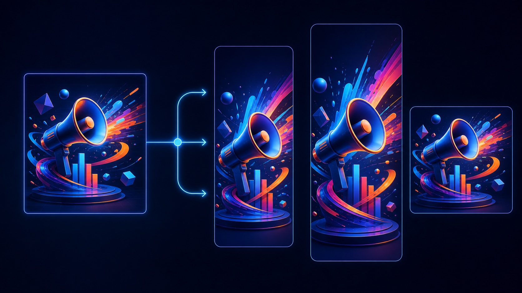 One advertising concept adapting into vertical, story, and square creative frames