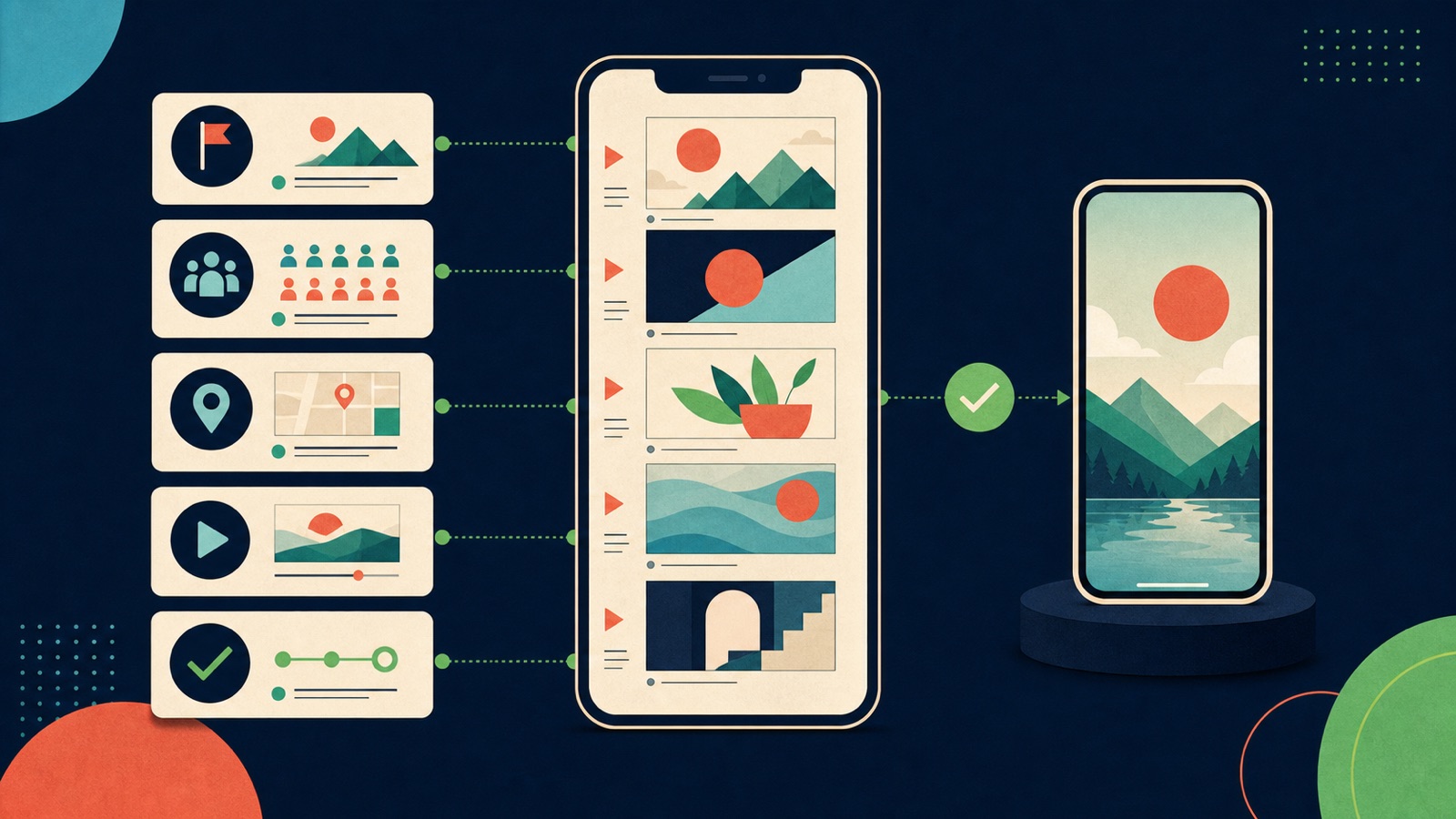 A vertical video storyboard moves through campaign, placement, preview, and mobile launch checkpoints