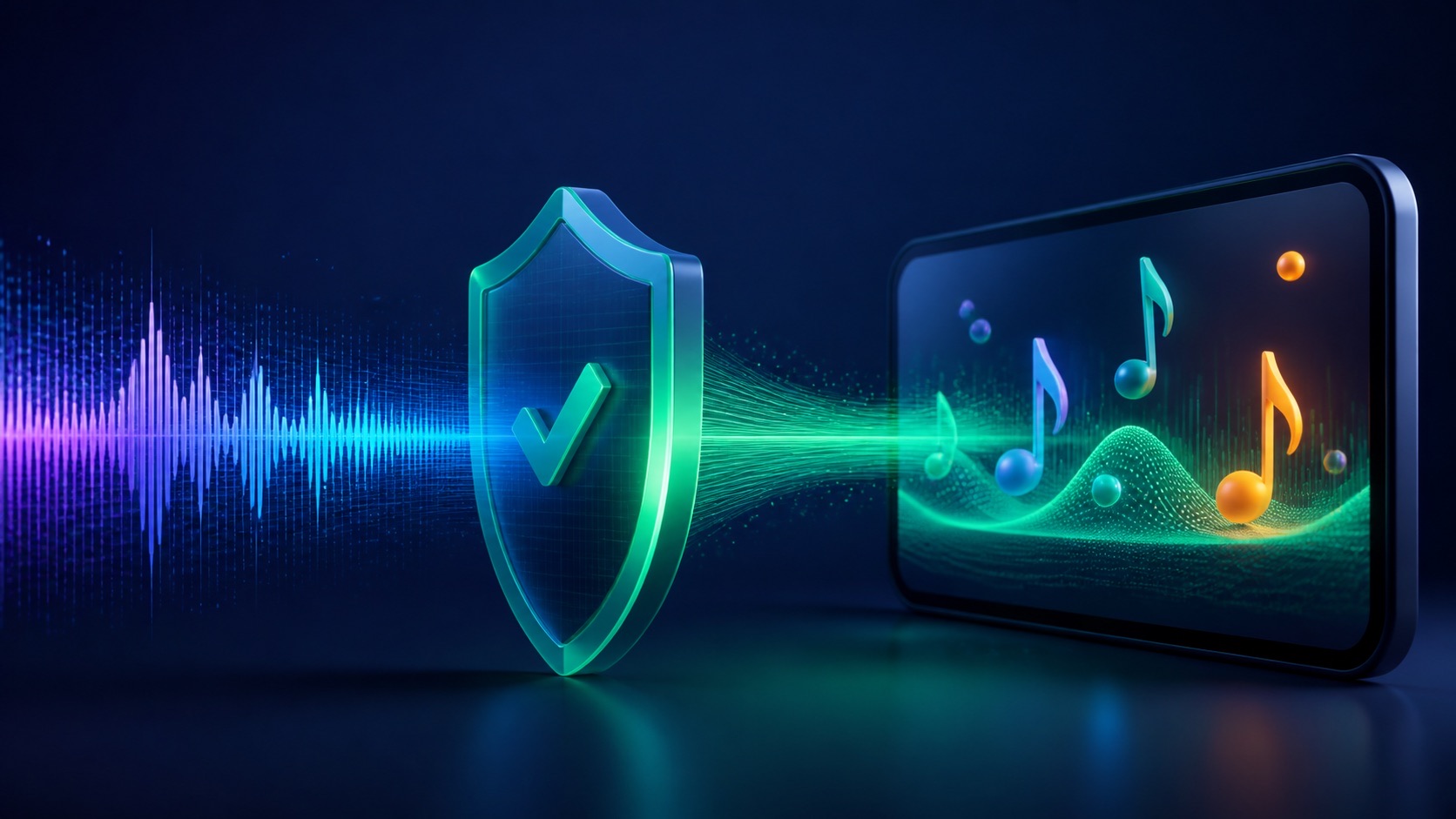 A Reels audio waveform passes through a rights-clearance shield into a sound-on preview