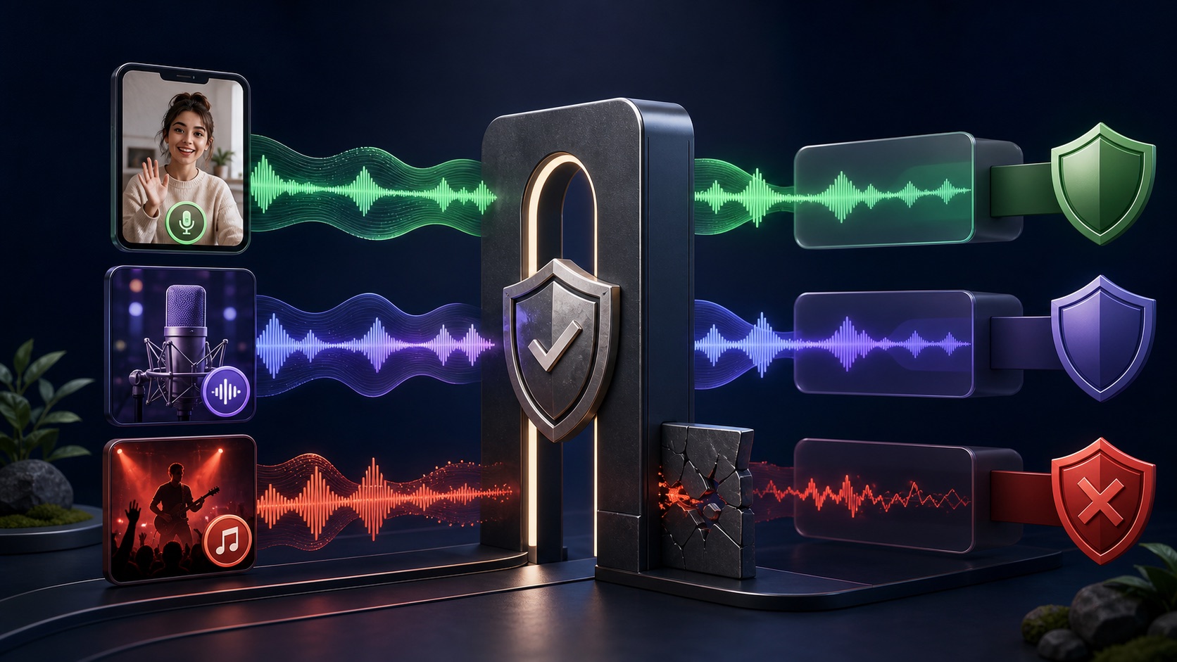 Three audio waveforms for original voice, commercially cleared sound, and restricted music pass through a rights checkpoint