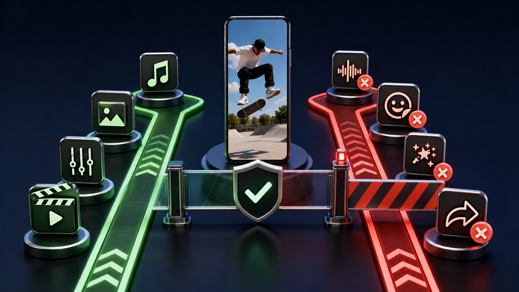 A vertical Reel passes an advertising eligibility checkpoint while restricted audio, stickers, filters, and cross-posting elements are stopped