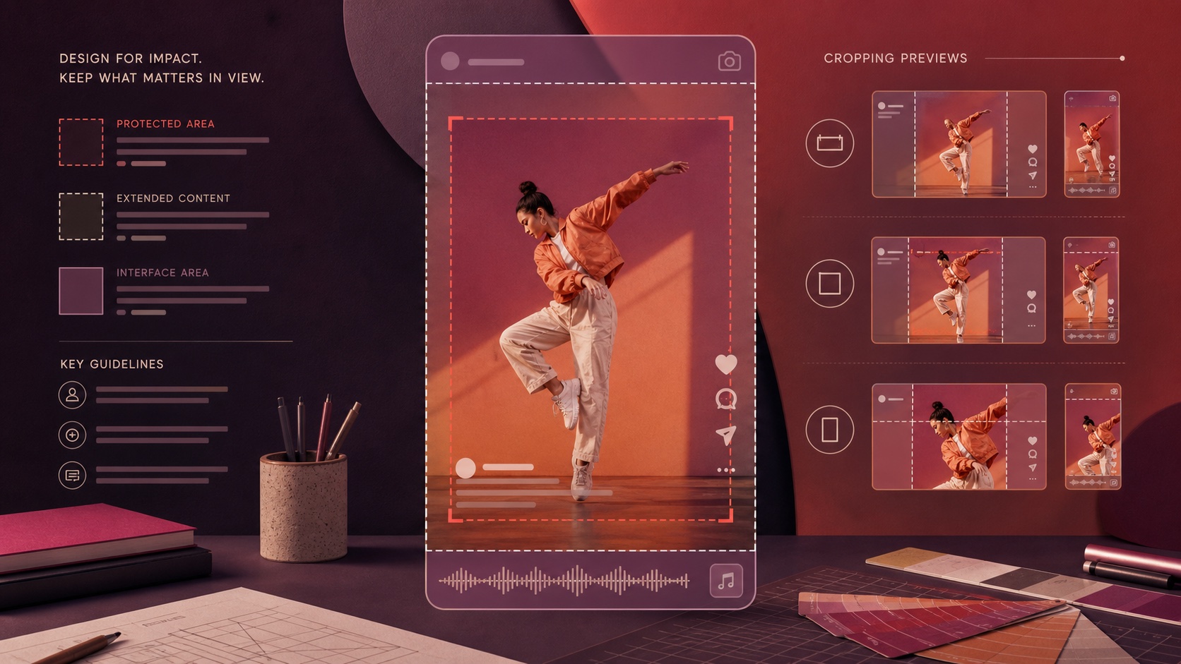 Vertical video creative shown with a central protected area and multiple crop previews