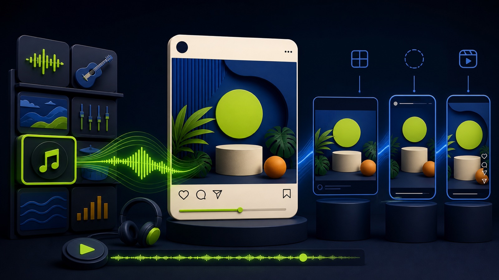 A licensed sound waveform flows into one image creative adapted for feed, story, and vertical video placements