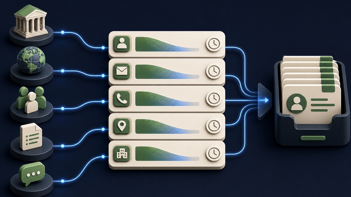 Several public source nodes feeding contact fields that receive confidence layers and review-time markers before entering a CRM tray