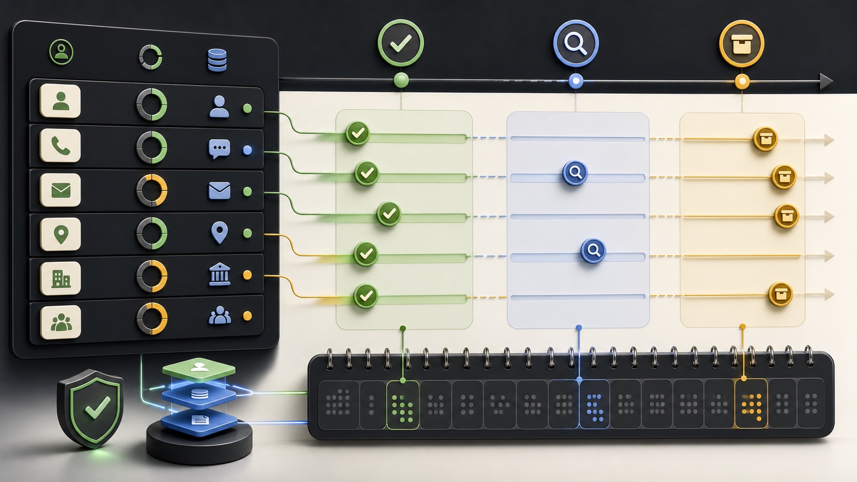 Business contact records move along a freshness timeline through scheduled public-source verification checkpoints
