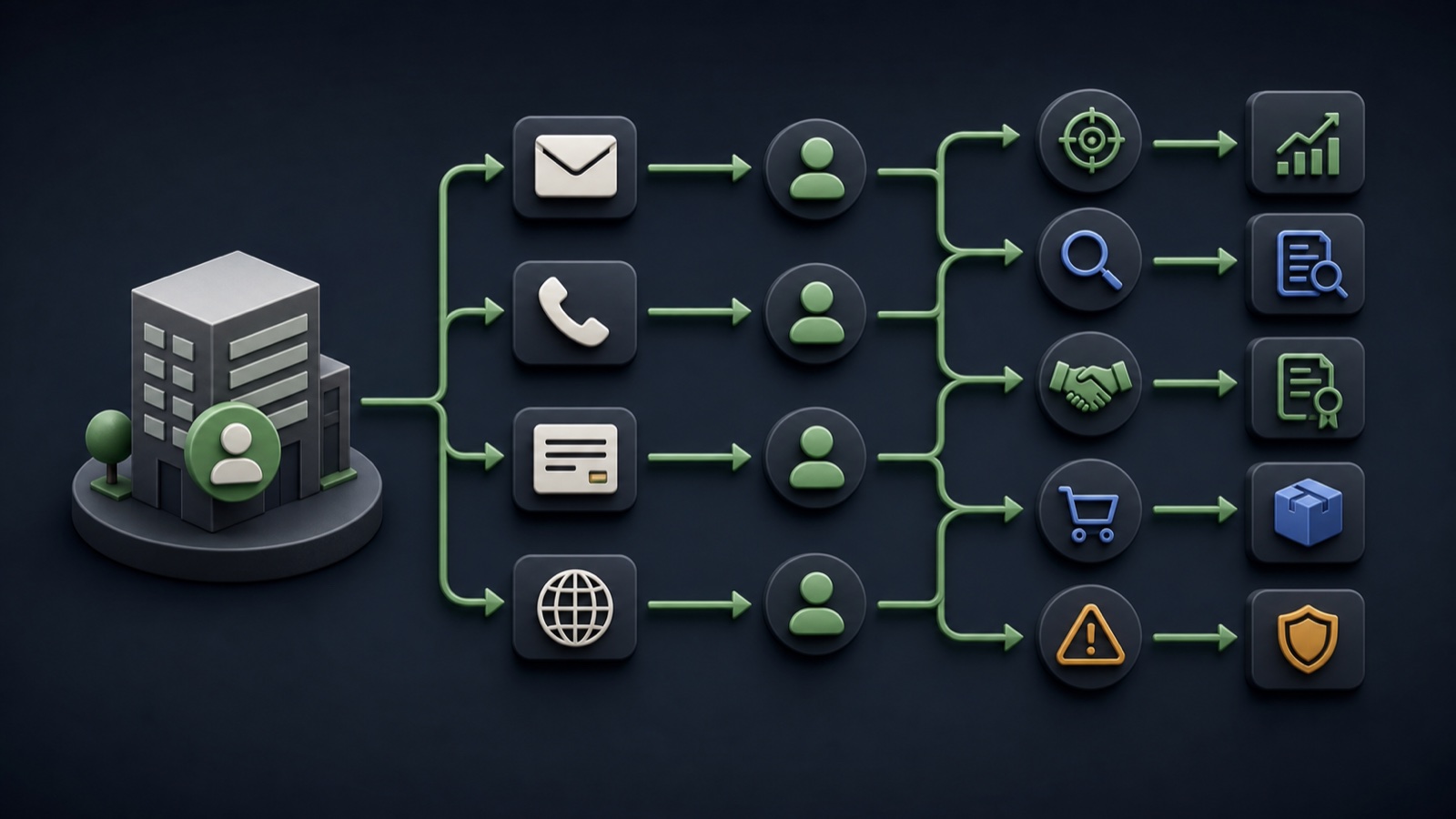 A business profile branches into public email, phone, website form, and website research paths before assignment