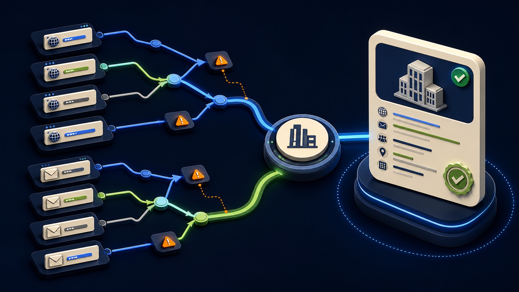 Several web addresses and email aliases converge into one verified company record while uncertain paths are flagged