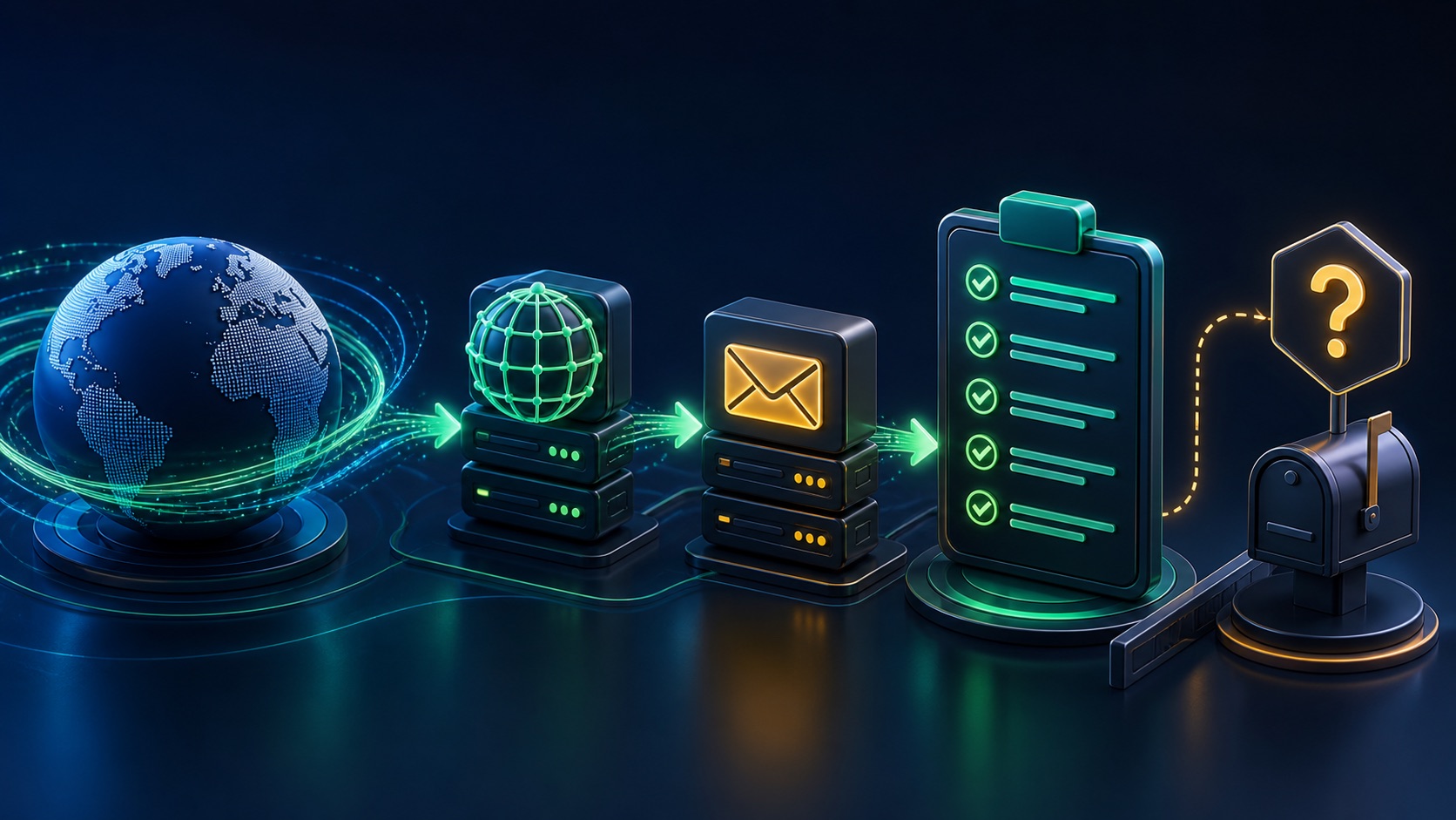 A business domain flows through DNS and mail-server nodes while mailbox certainty remains a separate question