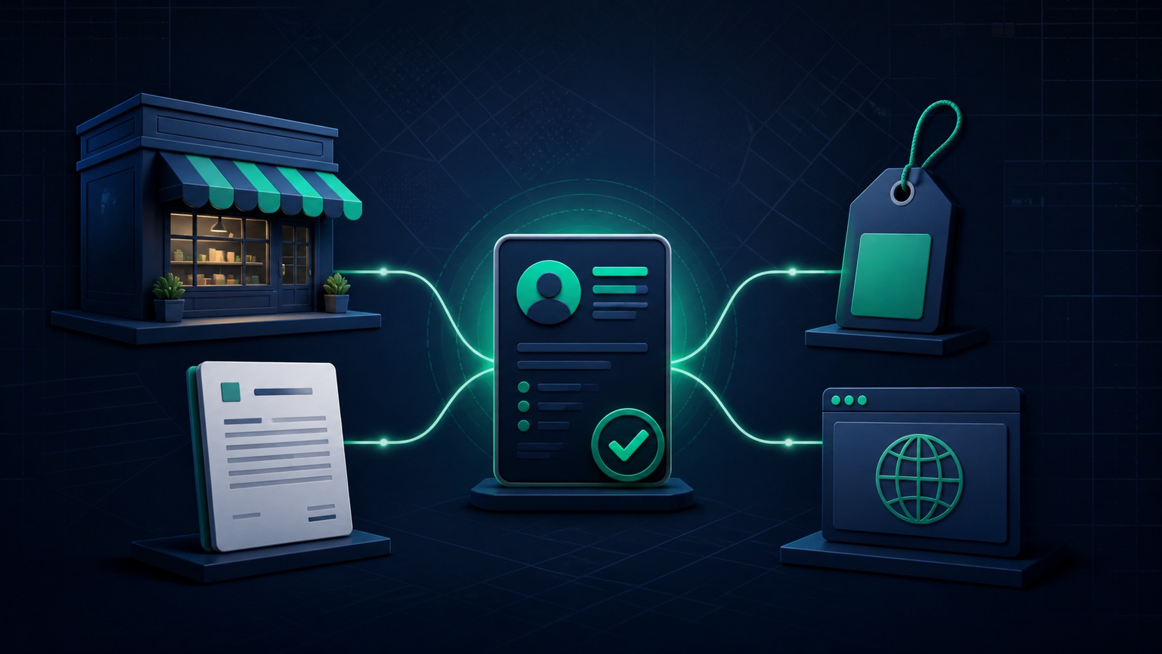 Several storefront names, domains, and location cards connect to one reviewed business identity map