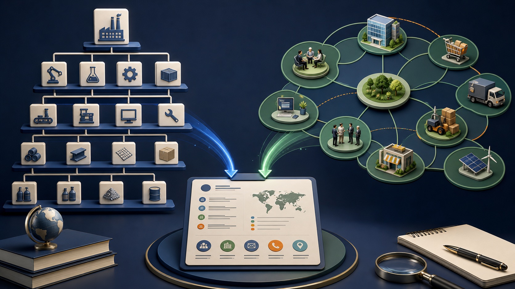 A formal industry classification tree and a flexible plain-language category map converge into a precise contact-research brief