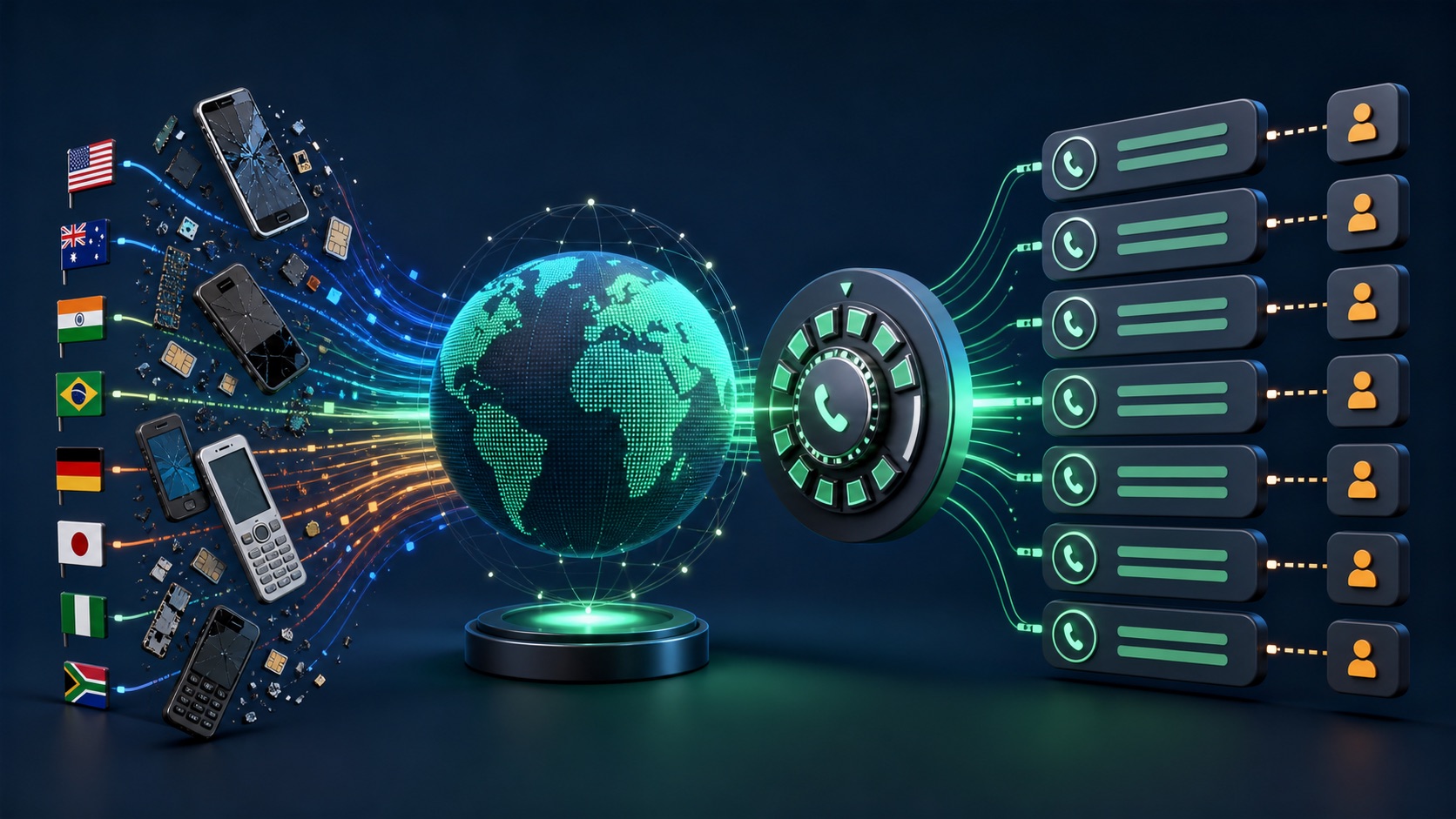 Phone fragments from several countries pass through country-code normalization into consistent records with separate extensions