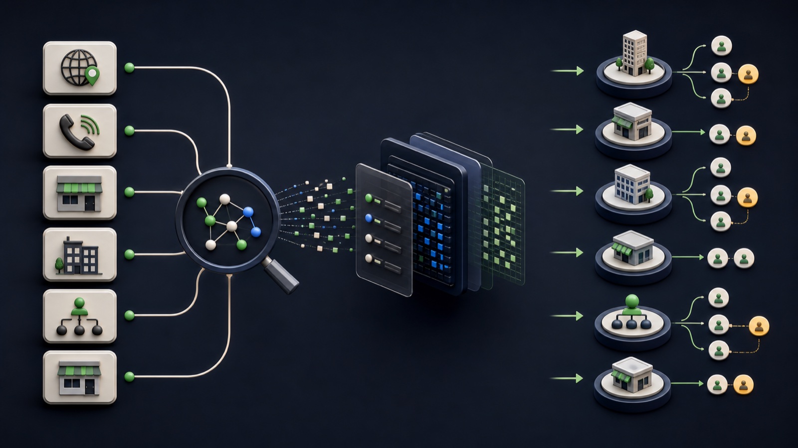Business records pass through domain, phone, and address matching into unique, duplicate, and review queues