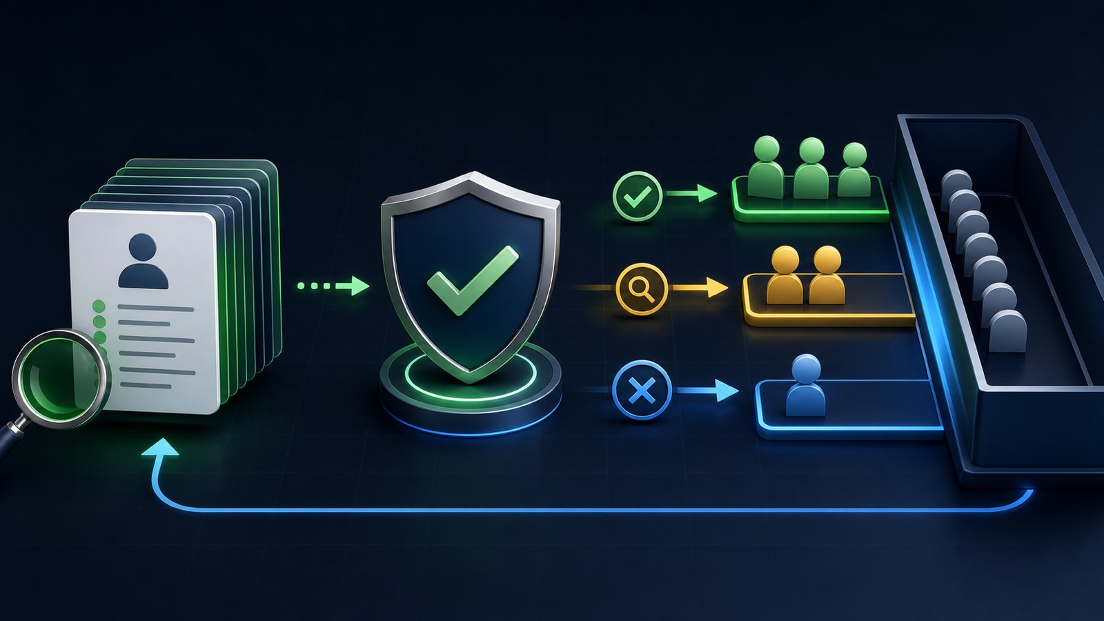 A researched contact list passing through a quality checkpoint into a sales queue with a feedback arrow returning to research