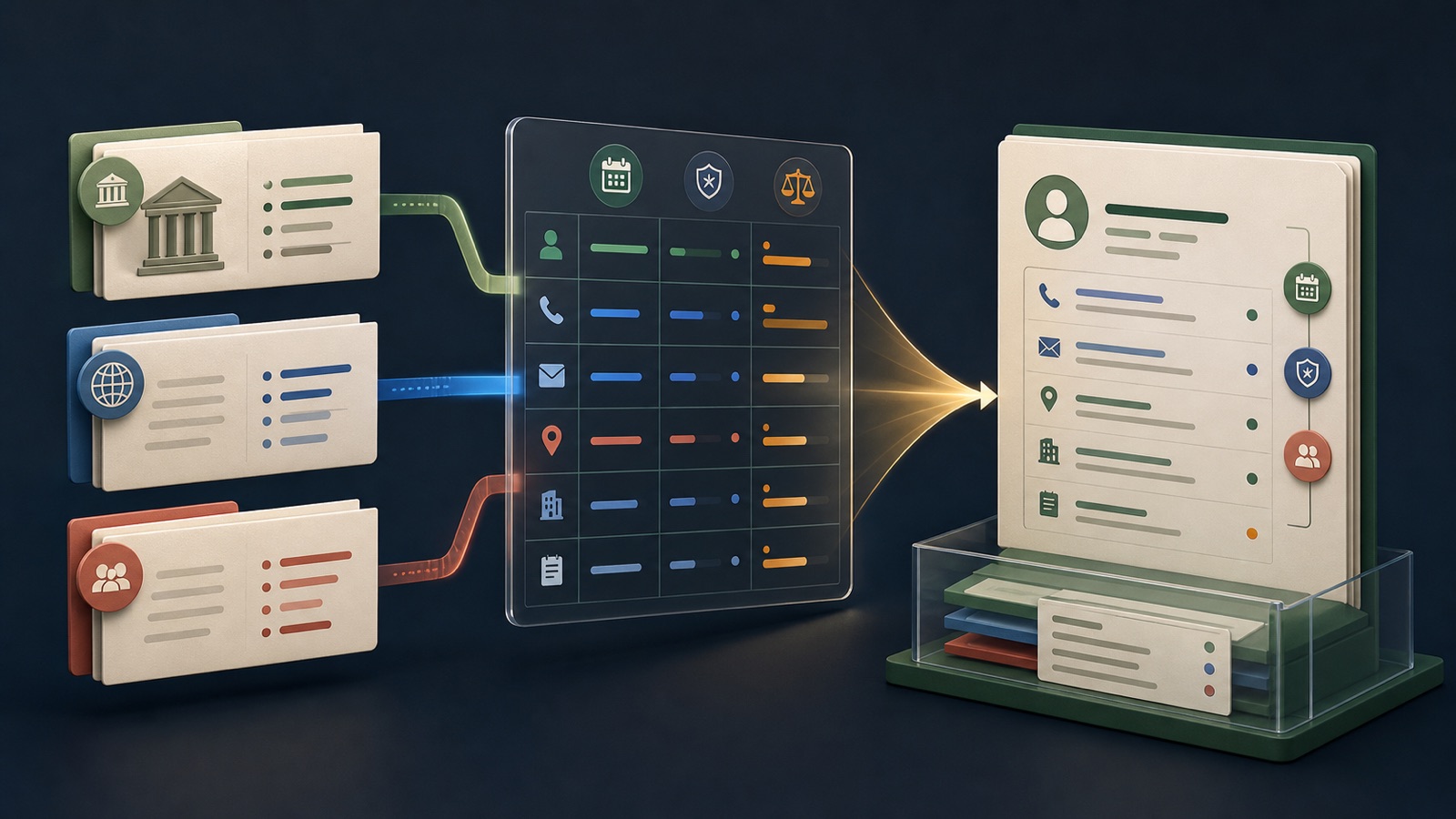 Three disagreeing business source records flow through a field-level provenance ledger into a resolved record with evidence