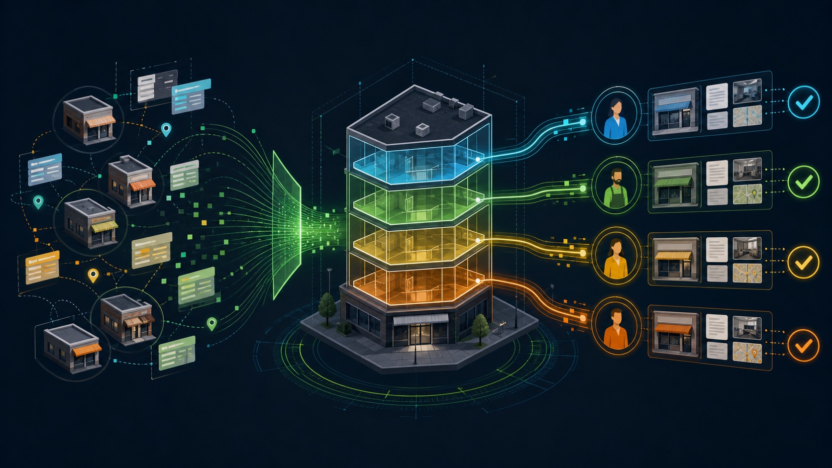 One street address branches into multiple suites and business identities before a careful normalization and deduplication review