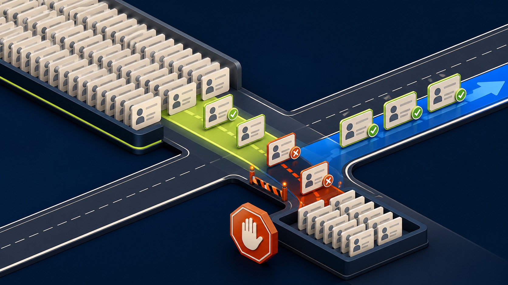 A campaign contact list crosses a suppression checkpoint where excluded records are diverted and approved records continue