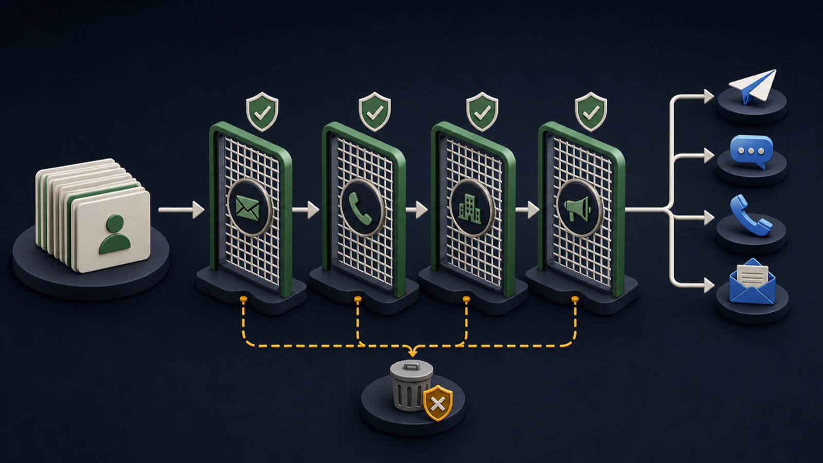 Business contacts pass through email, phone, account, and campaign suppression gates before approved outreach channels