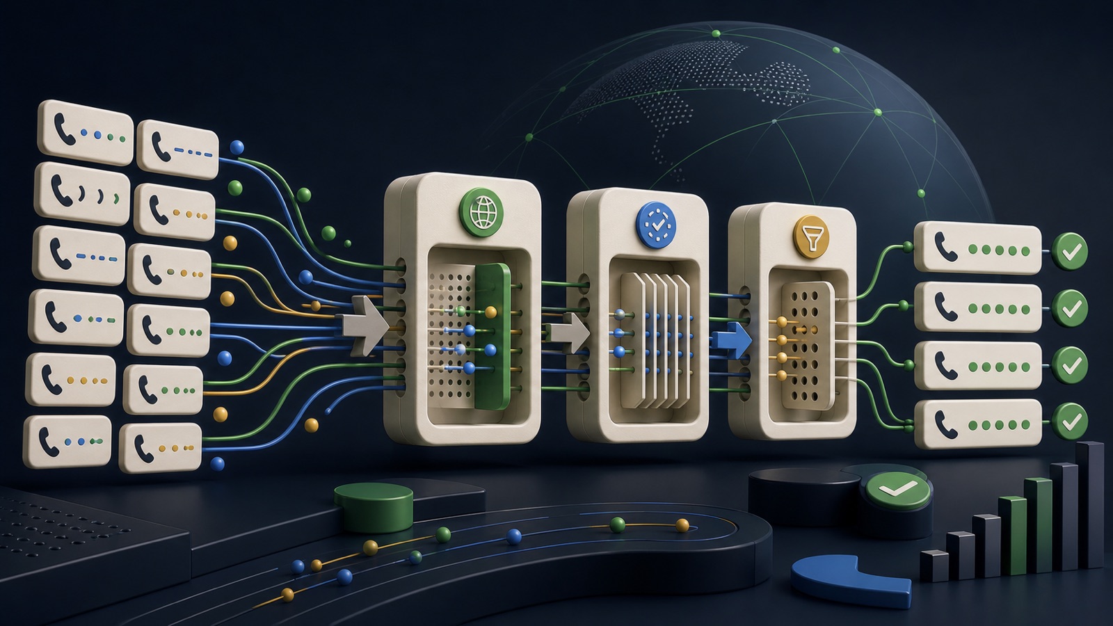 Varied international phone tokens pass through country, length, and duplicate checks into consistent canonical records