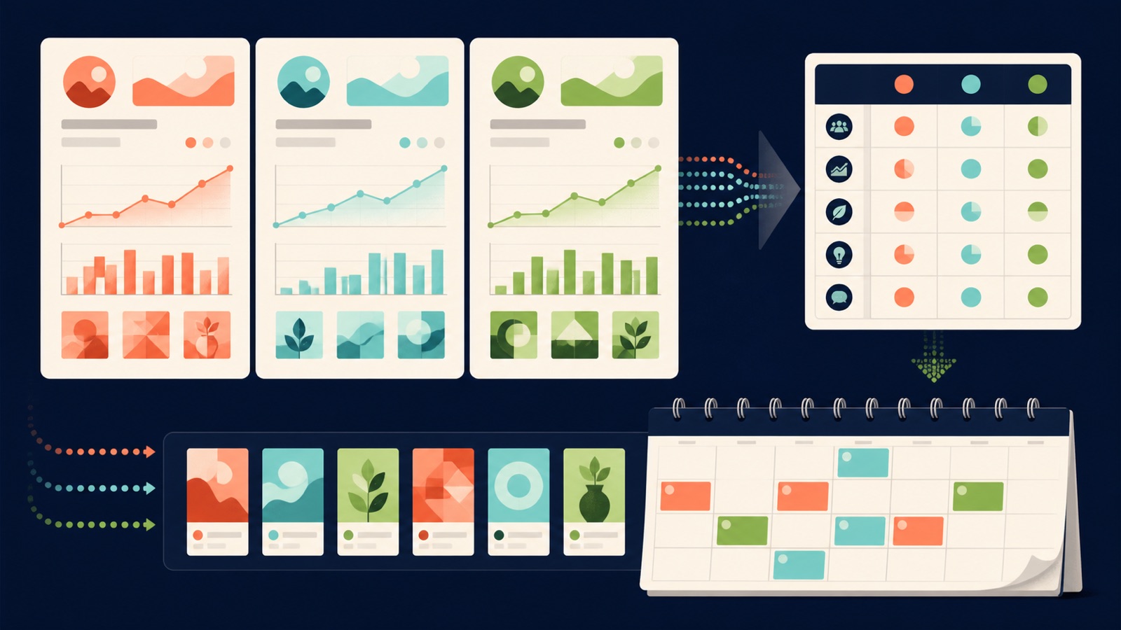 Several company content profiles are compared across follower growth, post cadence, engagement, and topic questions