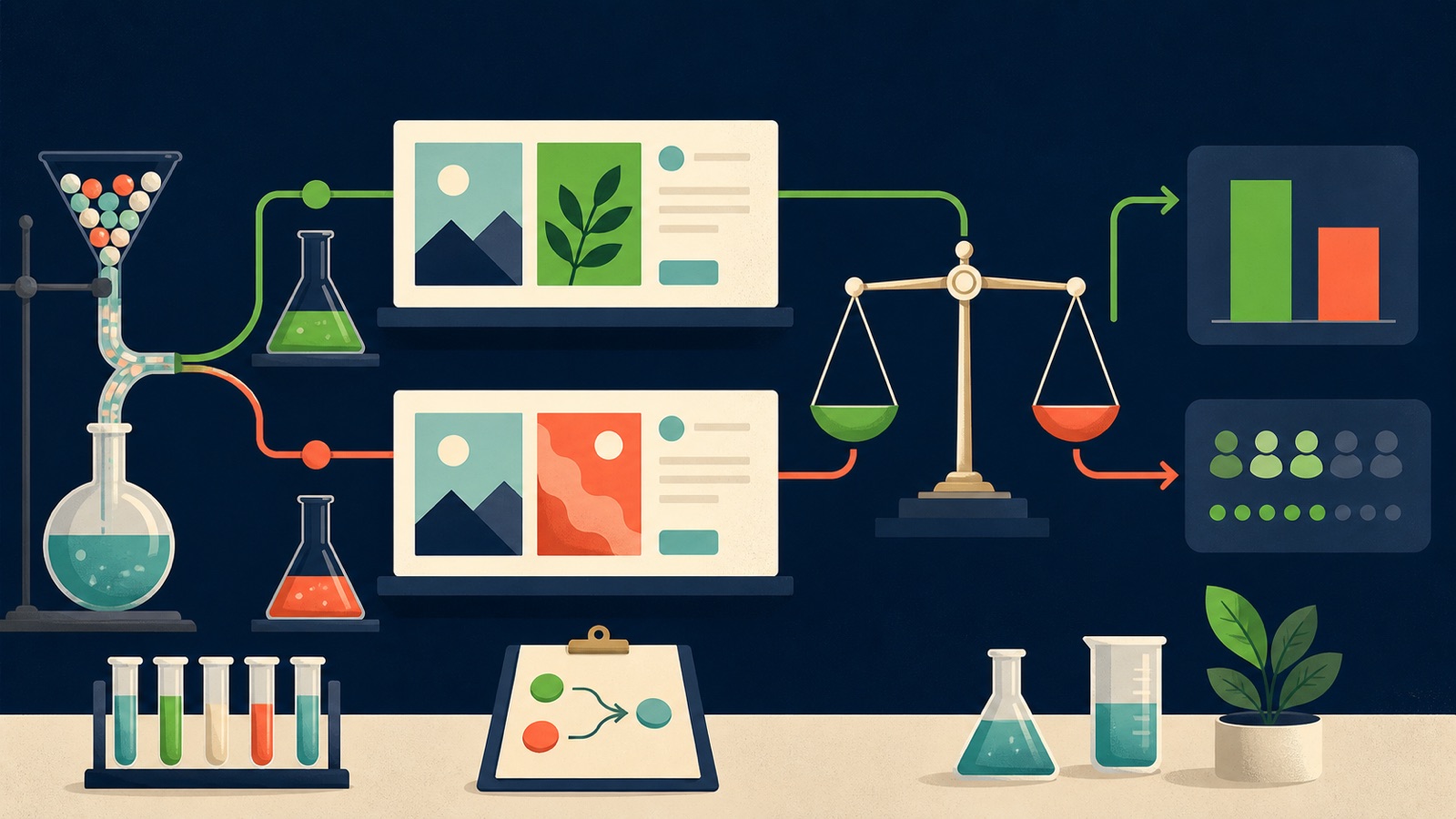 Two controlled advertising paths change one creative element before reaching a balanced comparison
