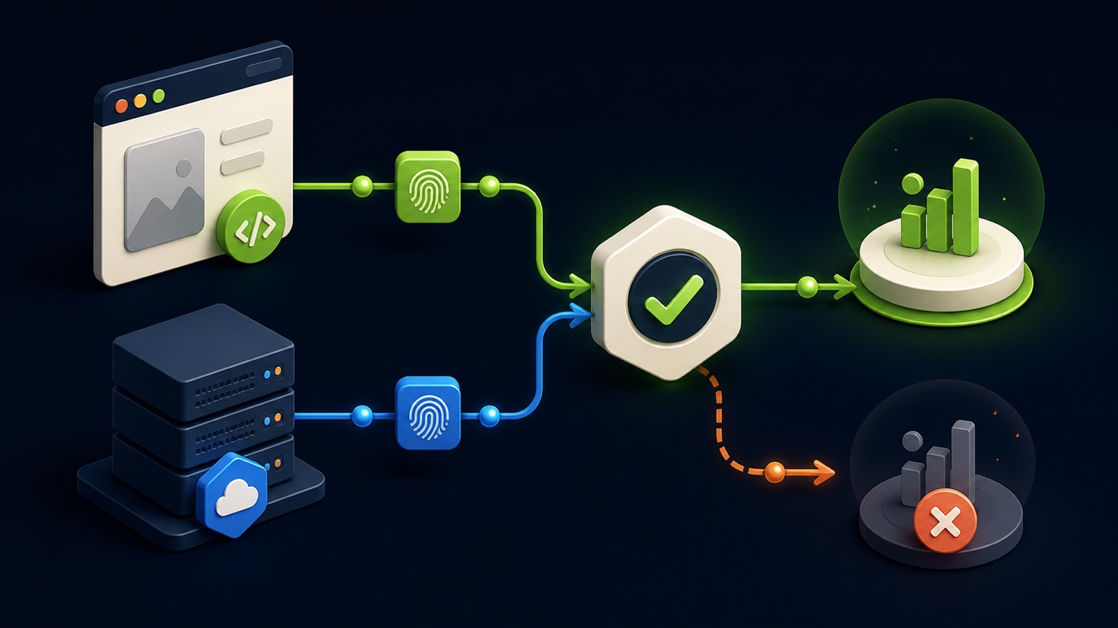 Browser and server signal paths meet at one verified event while a duplicate is rejected