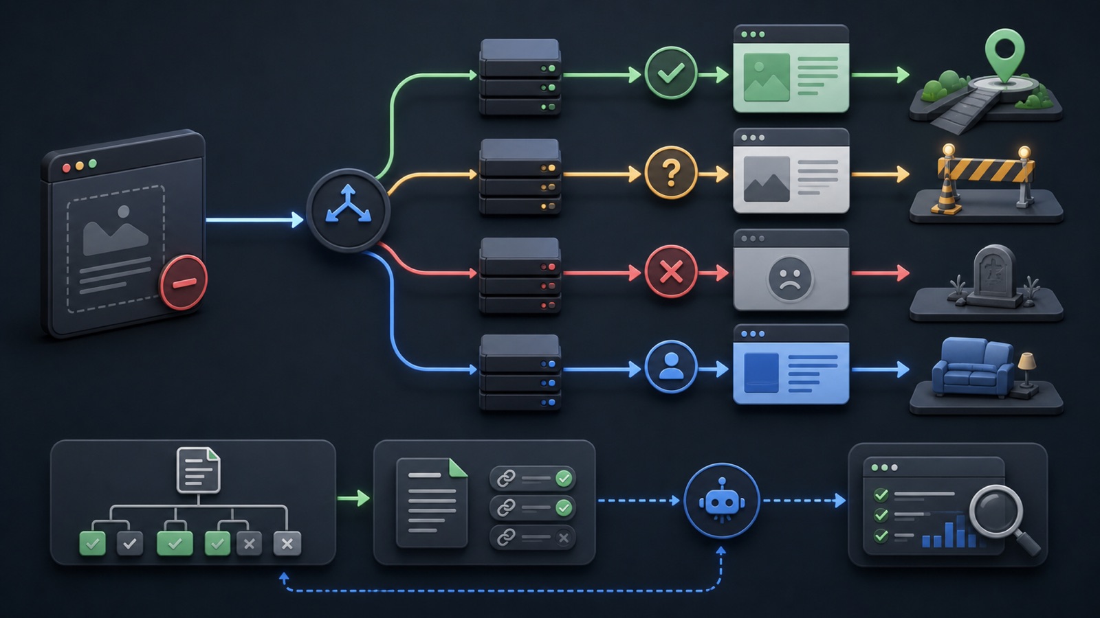A removed webpage branches through a decision tree to a true replacement redirect, not-found response, or gone response