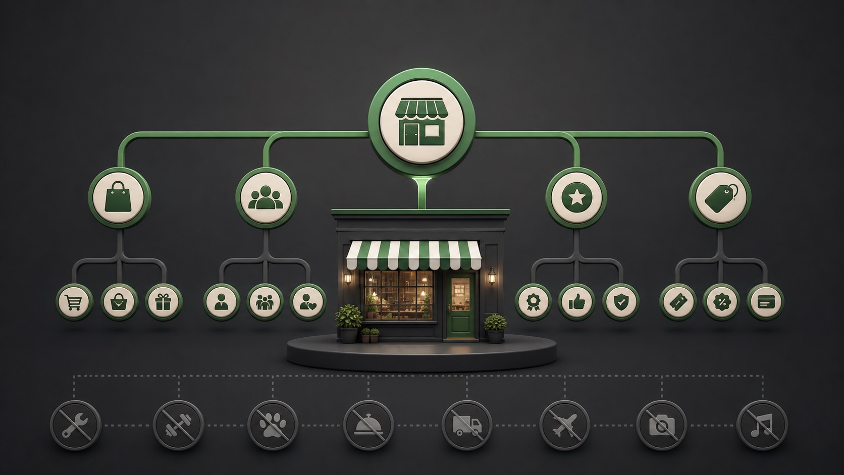 A local storefront sits beneath one primary category branch and a smaller set of relevant additional category branches