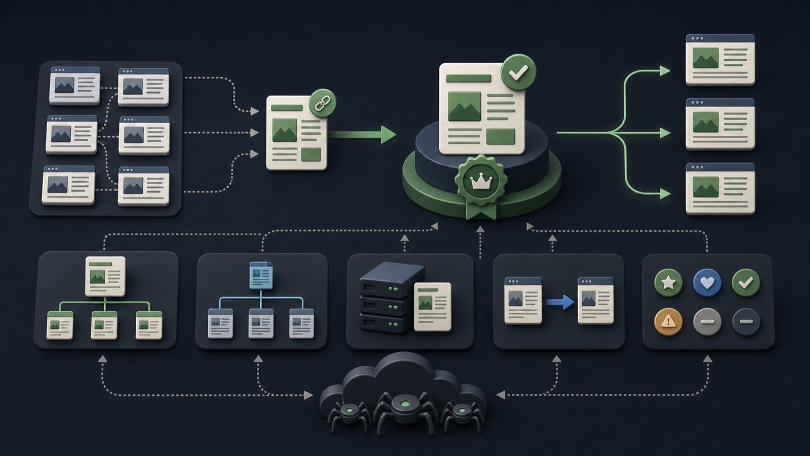 Several duplicate web pages converge through canonical, link, sitemap, redirect, and content signals on one preferred page