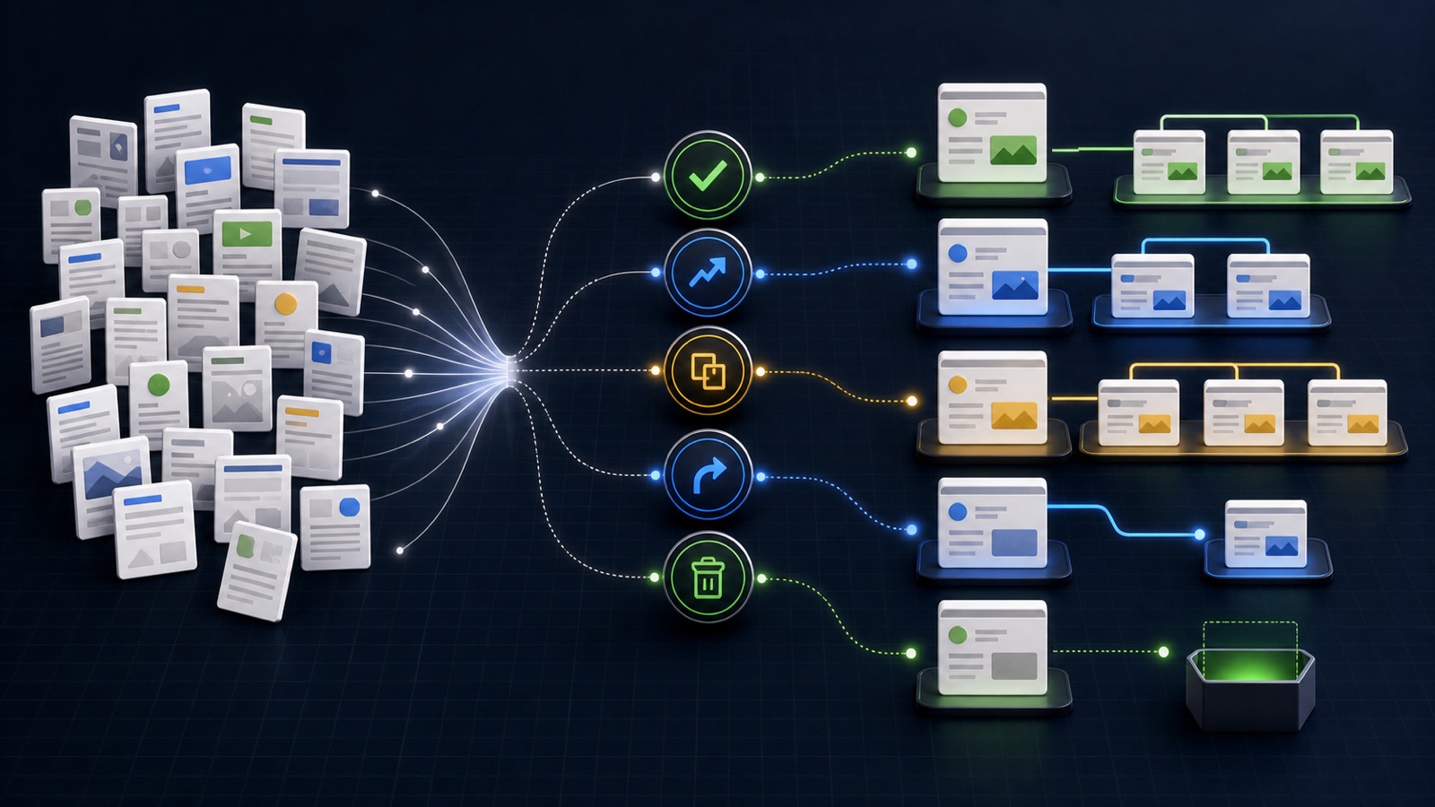 A website content library moving through keep, improve, merge, redirect, and remove paths into a cleaner topic system