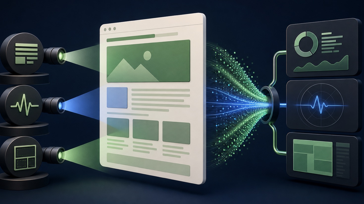 A webpage analyzed through loading, interaction, and layout-stability lenses while field data flows into diagnosis tools