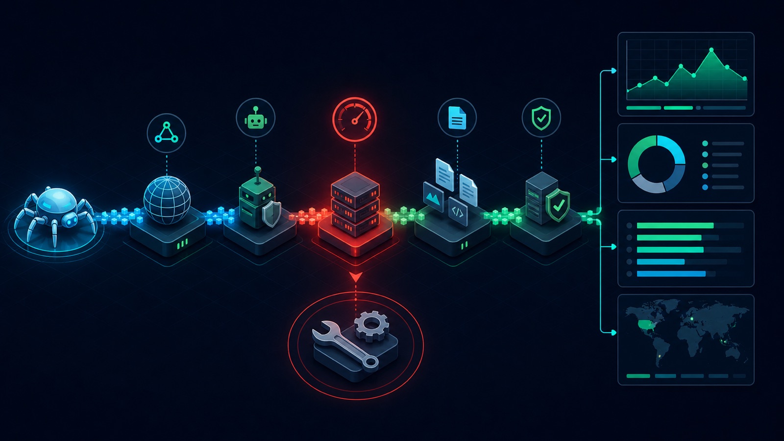 A crawler path passes DNS, robots, server, redirect, and rendering checkpoints toward a diagnostic dashboard