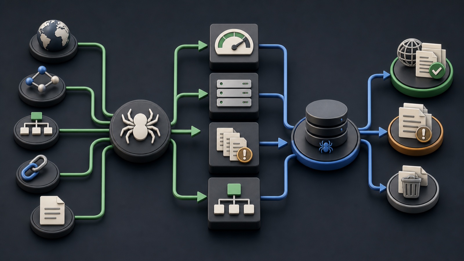 A search crawler chooses among canonical pages, duplicate paths, server capacity, internal links, and crawl queues