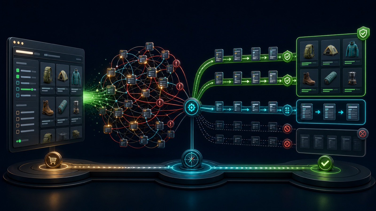 An ecommerce filter interface creates a tangled URL graph that is reduced into clean indexable, crawlable-only, and blocked lanes