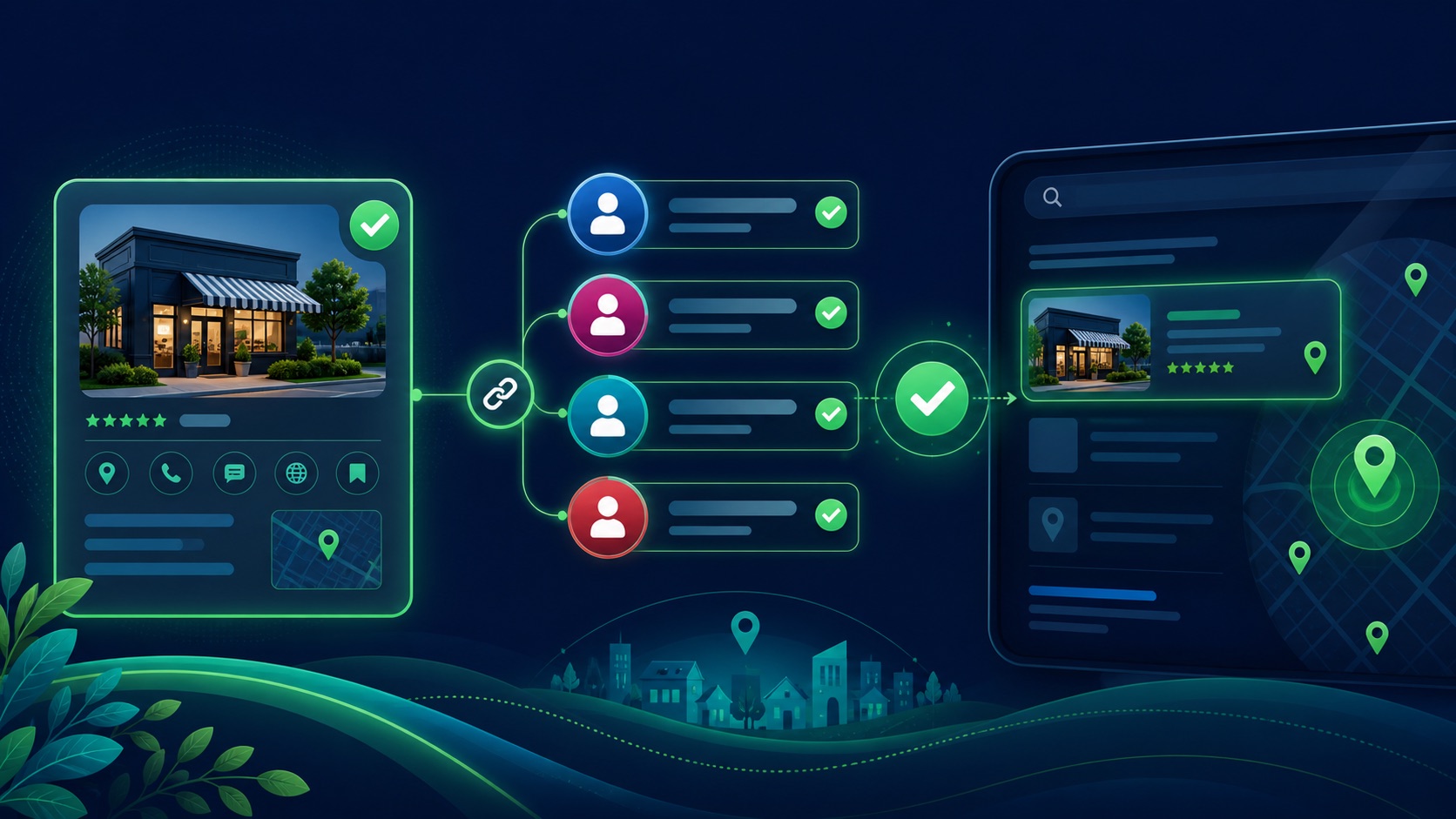 A verified local business record connects through URL format checks to several generic social profile nodes and a public search-and-map surface
