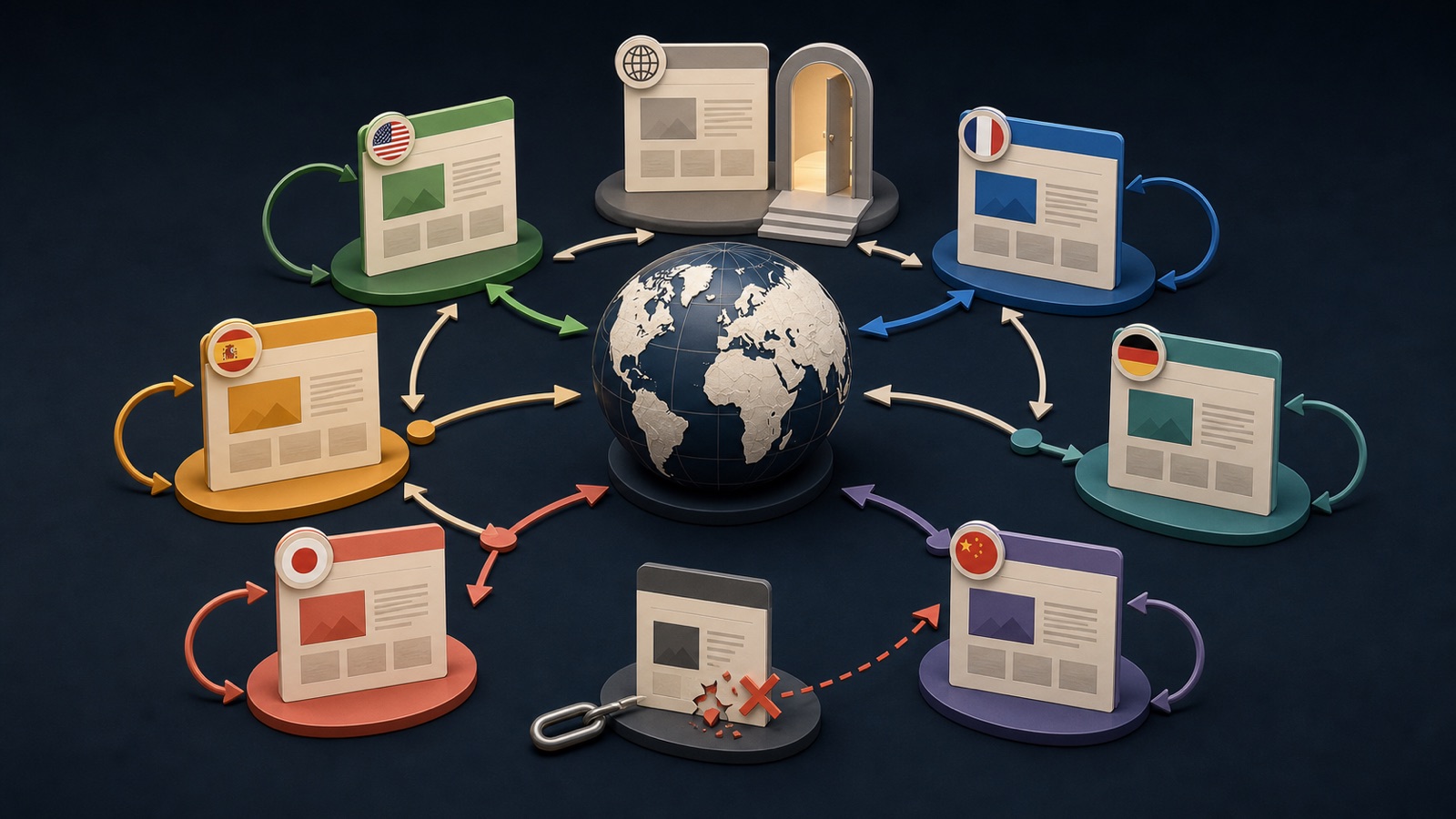 Localized webpage cards connect around a globe with reciprocal arrows, self loops and a default doorway while one broken return link is isolated