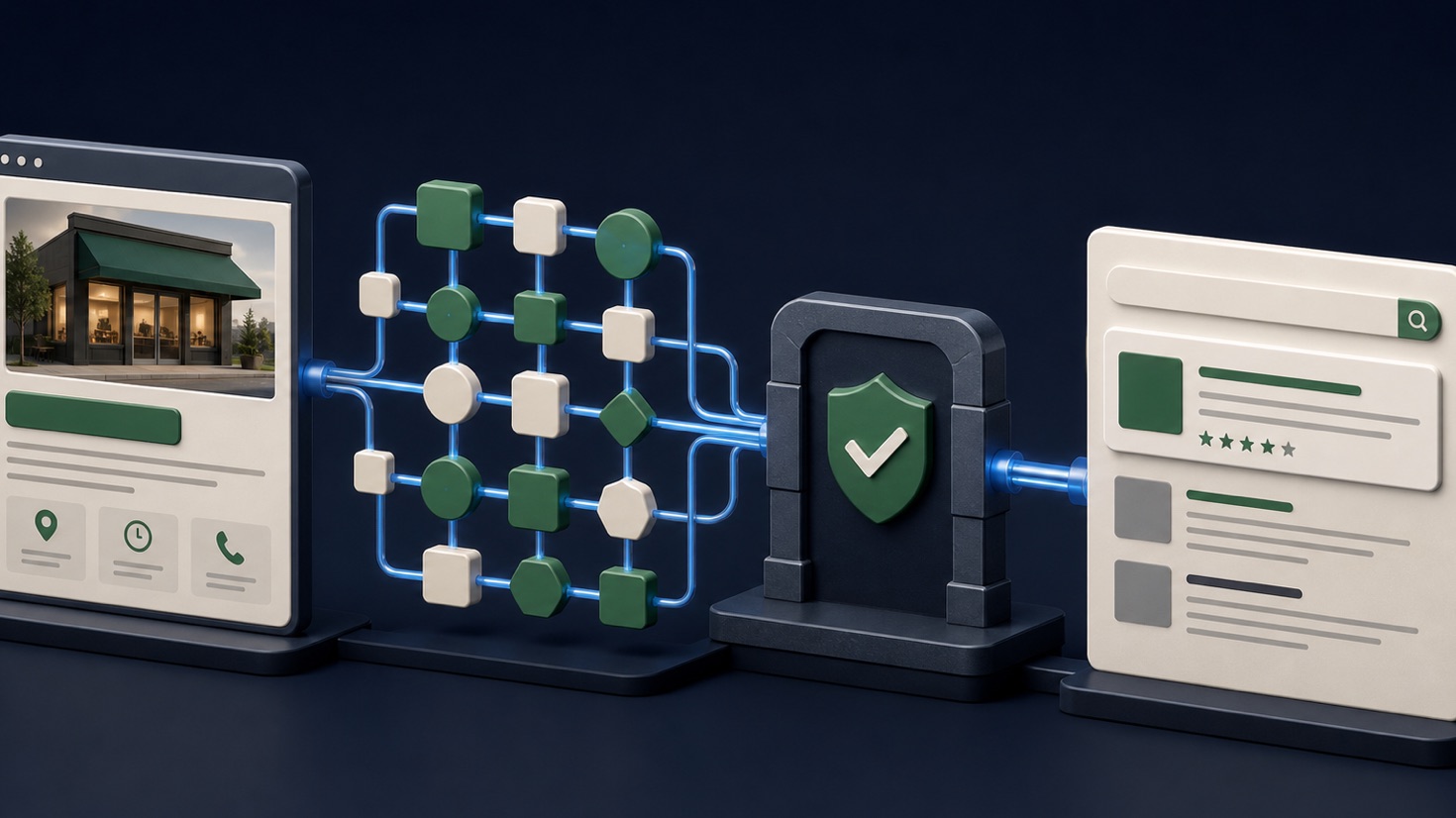 A local business webpage connected to structured data nodes, a validation gate, and a richer search-result silhouette