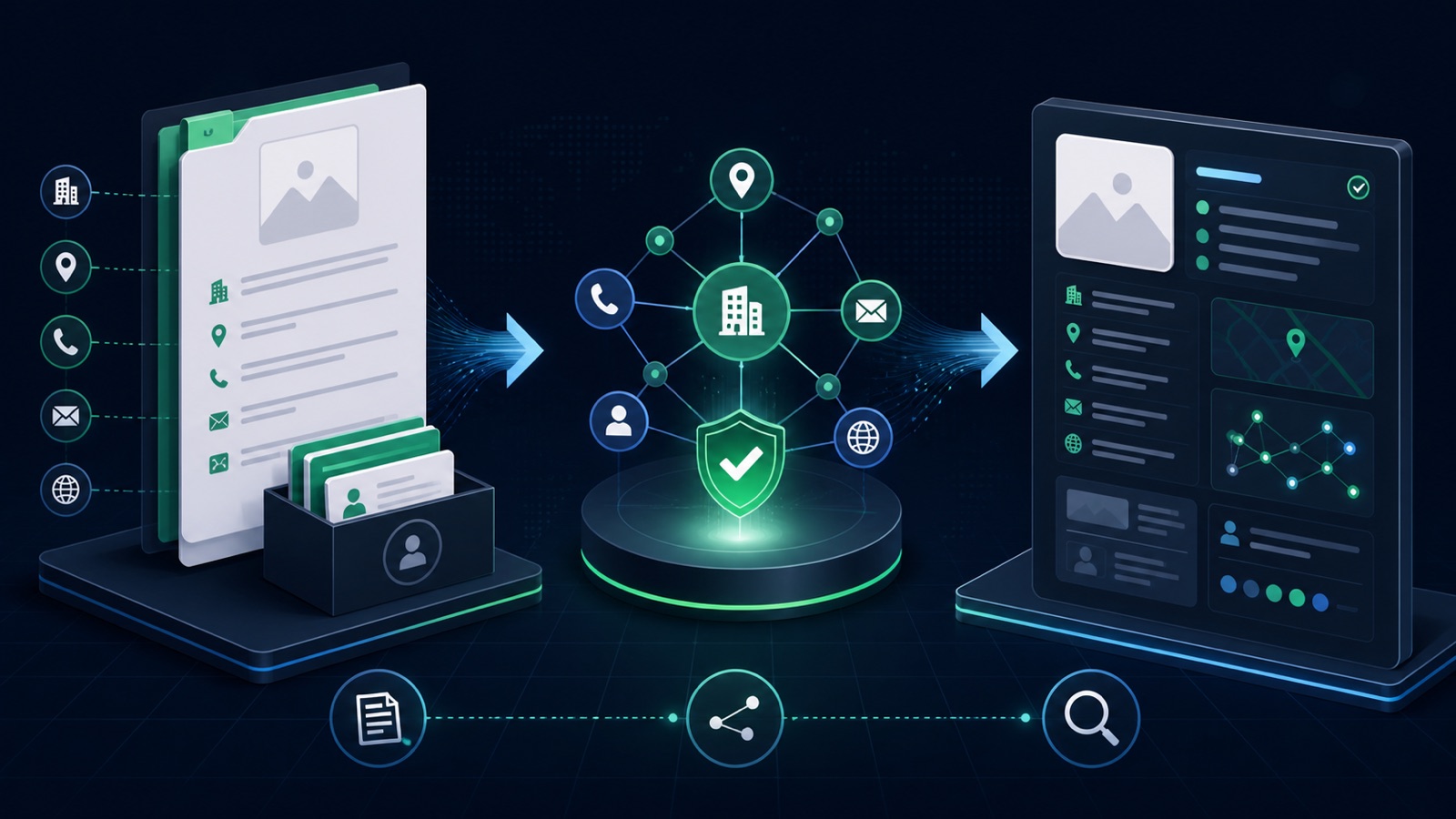 Visible organization facts become one connected entity graph and a validated search-readable record