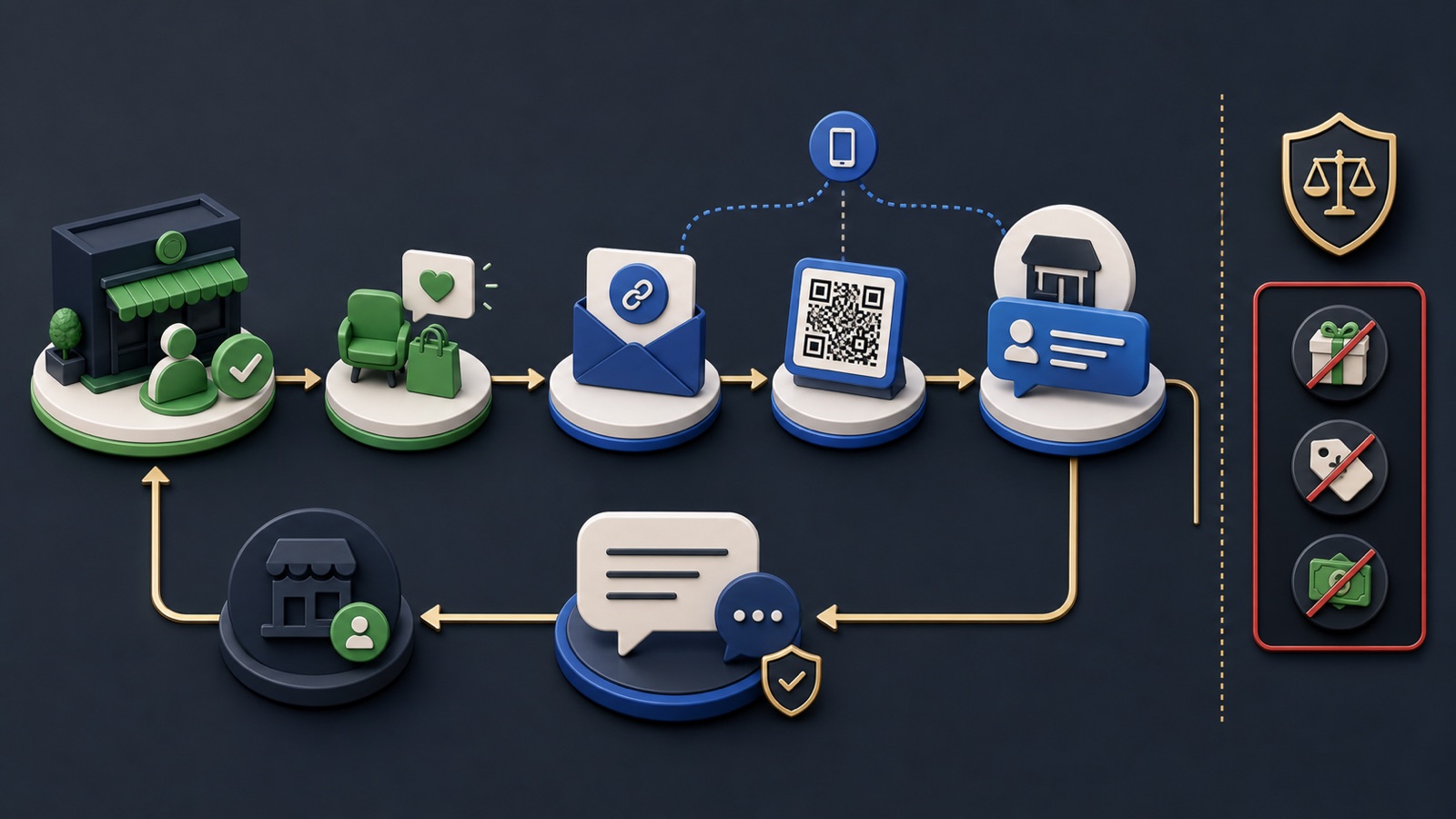 A genuine customer journey leads through a neutral review request and QR link into public feedback with policy safeguards