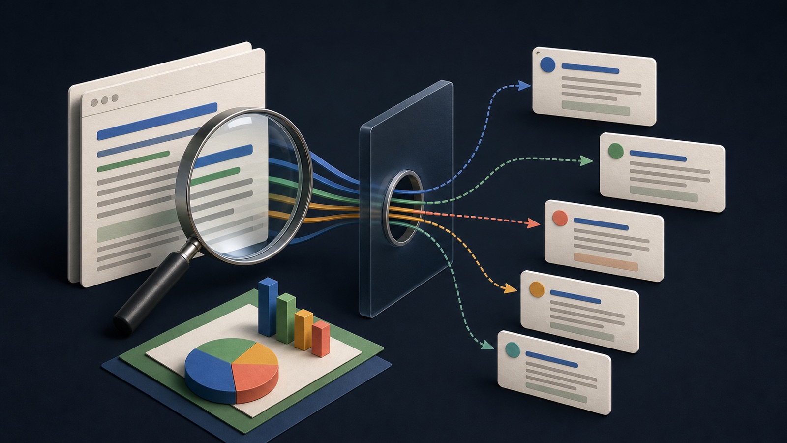 Page content and a meta description pass through a search-query lens into several different snippet cards