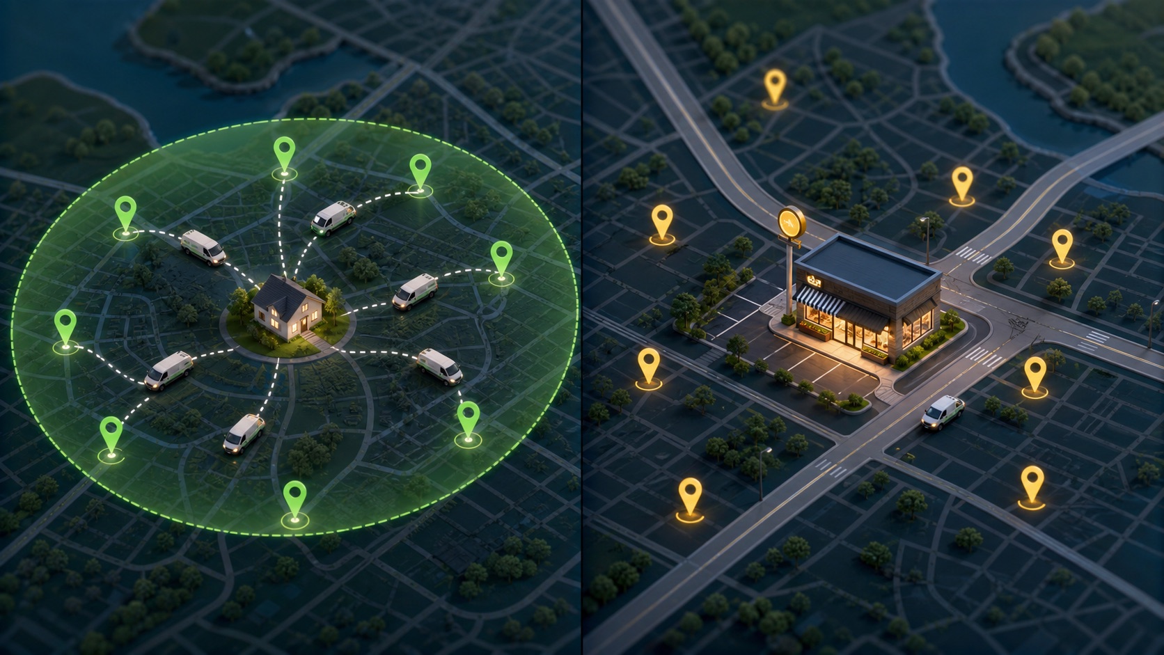 A service business travels from a hidden home base within a realistic boundary while a staffed storefront visibly receives customers