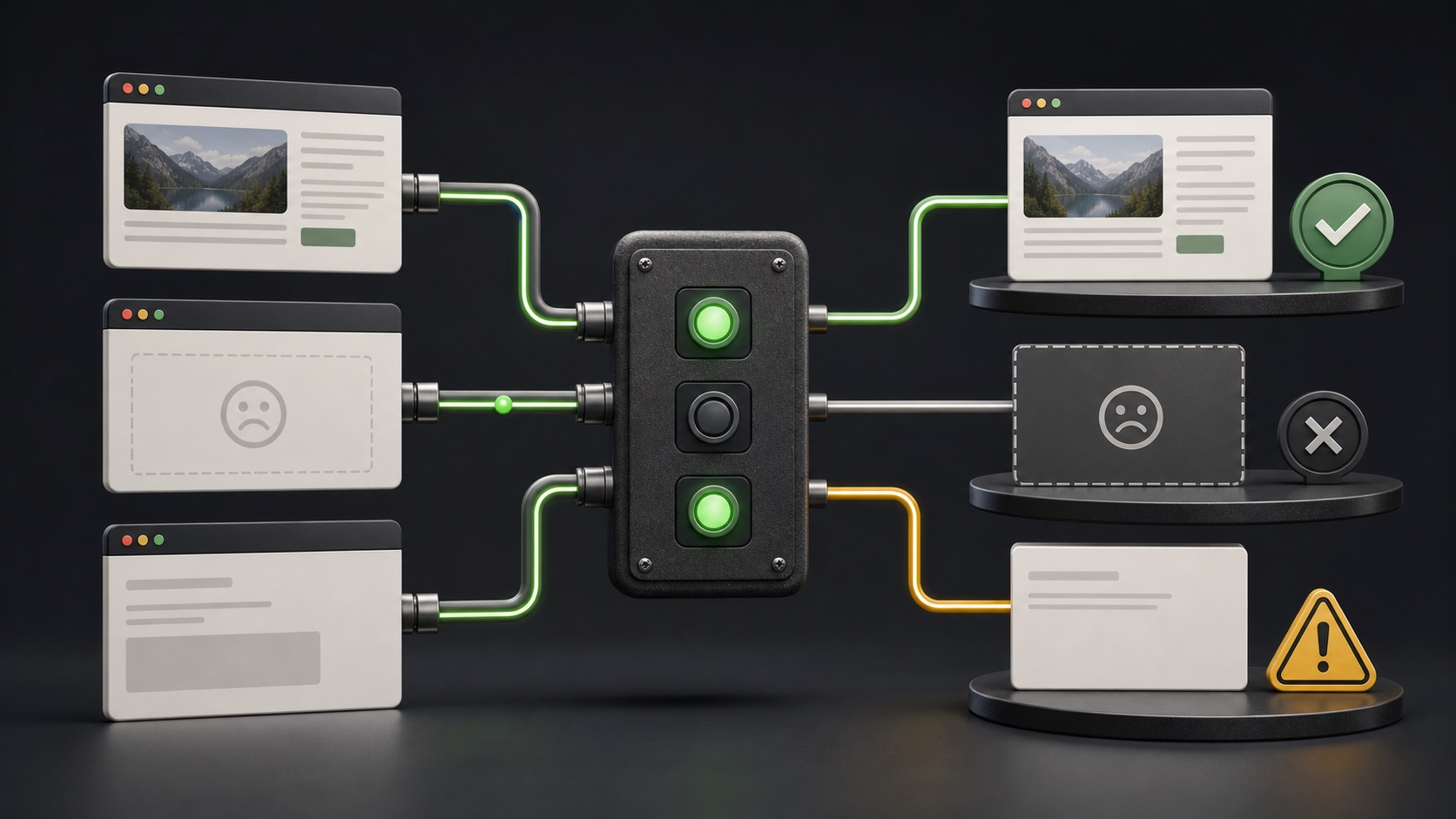 Website pages pass through a diagnostic switch that routes valid content, missing pages, and redirects to the correct outcome