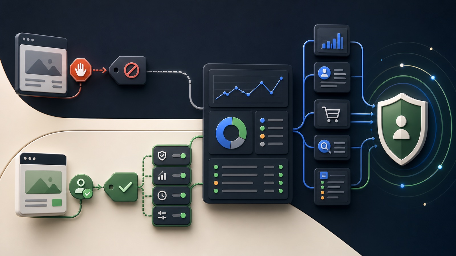 A consent interface sends default and update states through a tag manager into controlled advertising and analytics signals