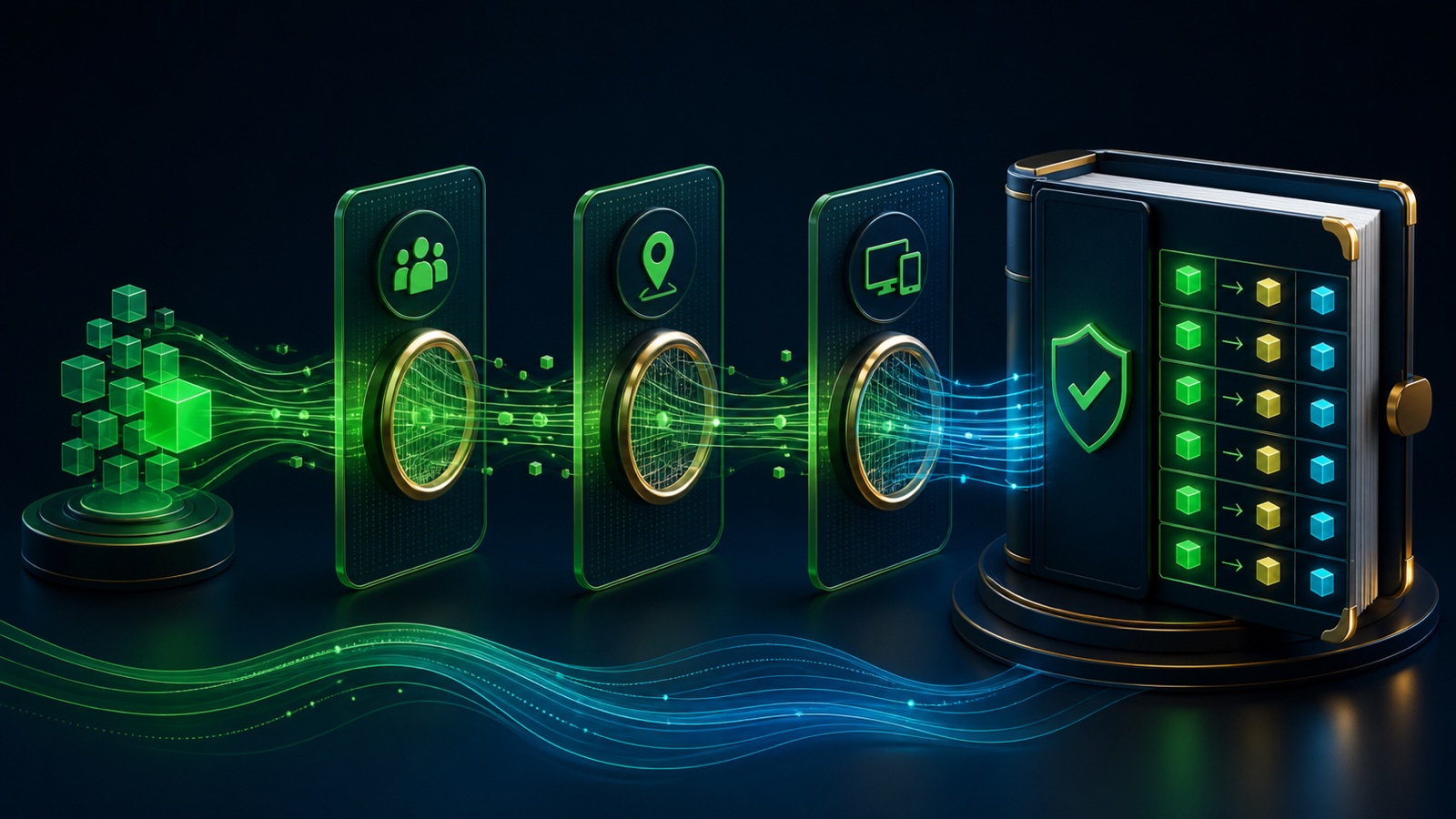 Base conversion values pass through audience, location, and device rule gates into an auditable adjusted-value ledger