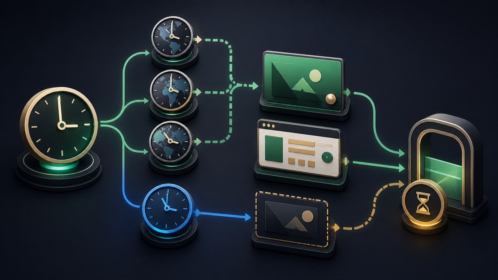 A global clock and local clocks feed two countdown functions before a search ad, landing page, and expiration fallback