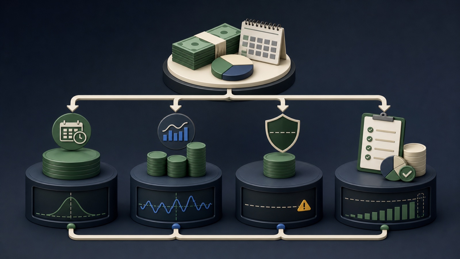 An advertising budget is divided across calendar days, variable daily spend, alerts, and a monthly reconciliation dashboard