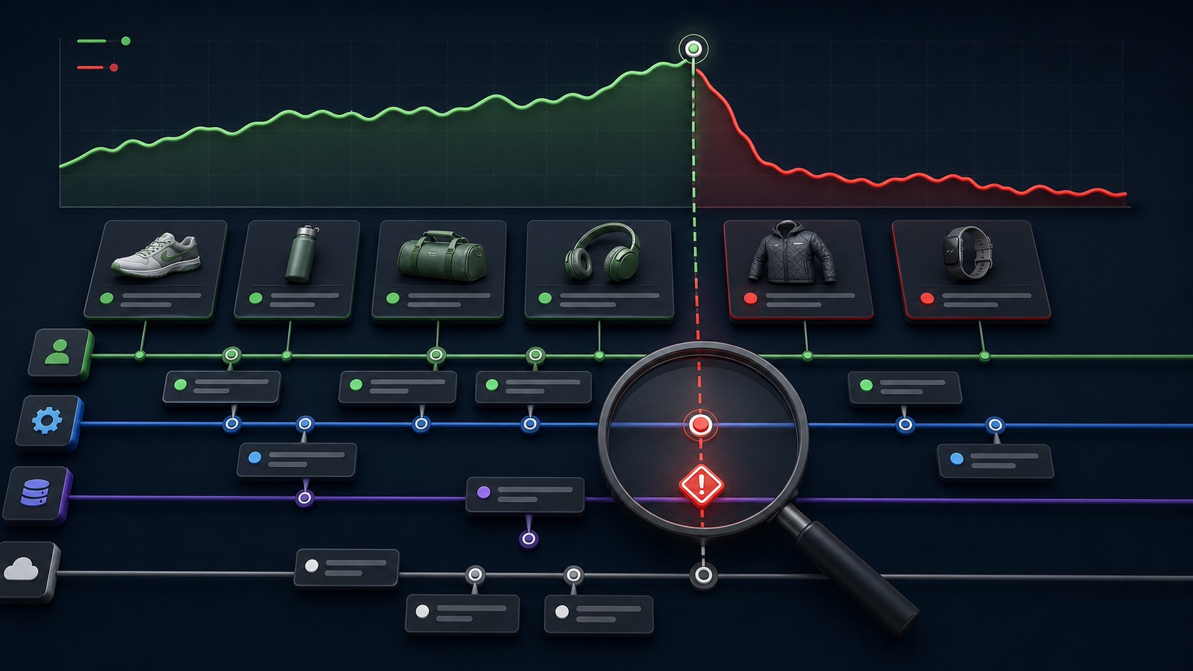 A performance decline aligns with a change-history timeline containing user, automation, API, and system markers