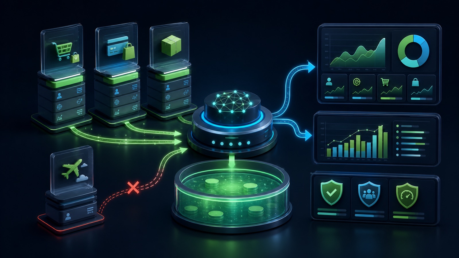 Several compatible campaigns connect to a shared budget, portfolio bid strategy, and monitored business outcome