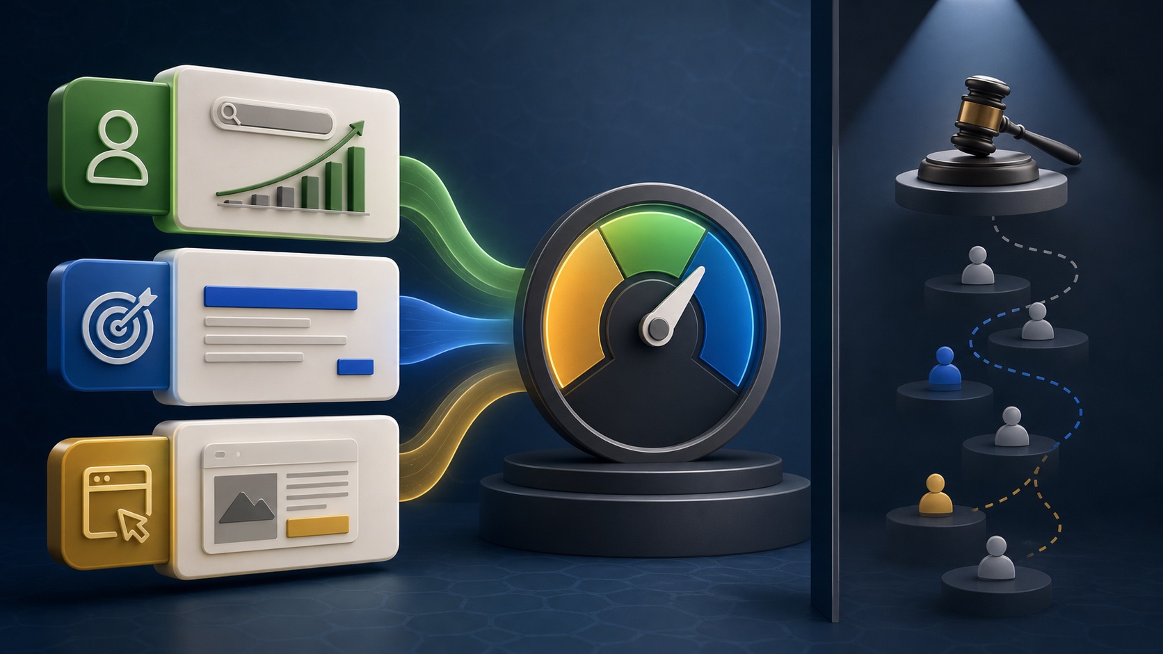 Expected response, ad relevance, and landing-page experience feed a diagnostic gauge separate from the ad auction