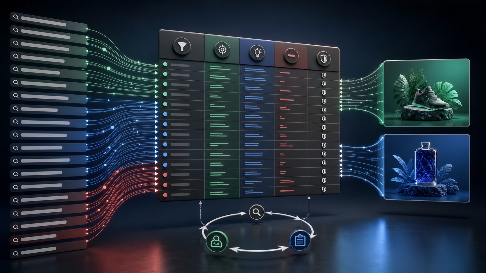 Search-query streams enter a review table where relevant terms become insights and irrelevant terms become carefully scoped negative controls